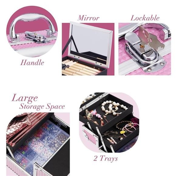 Makeup Train Case Portable Cosmetic Box Jewelry Organizer Lockable with Keys - Picture 4 of 6